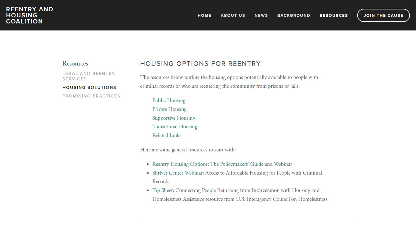 Housing Solutions — Reentry and Housing Coalition